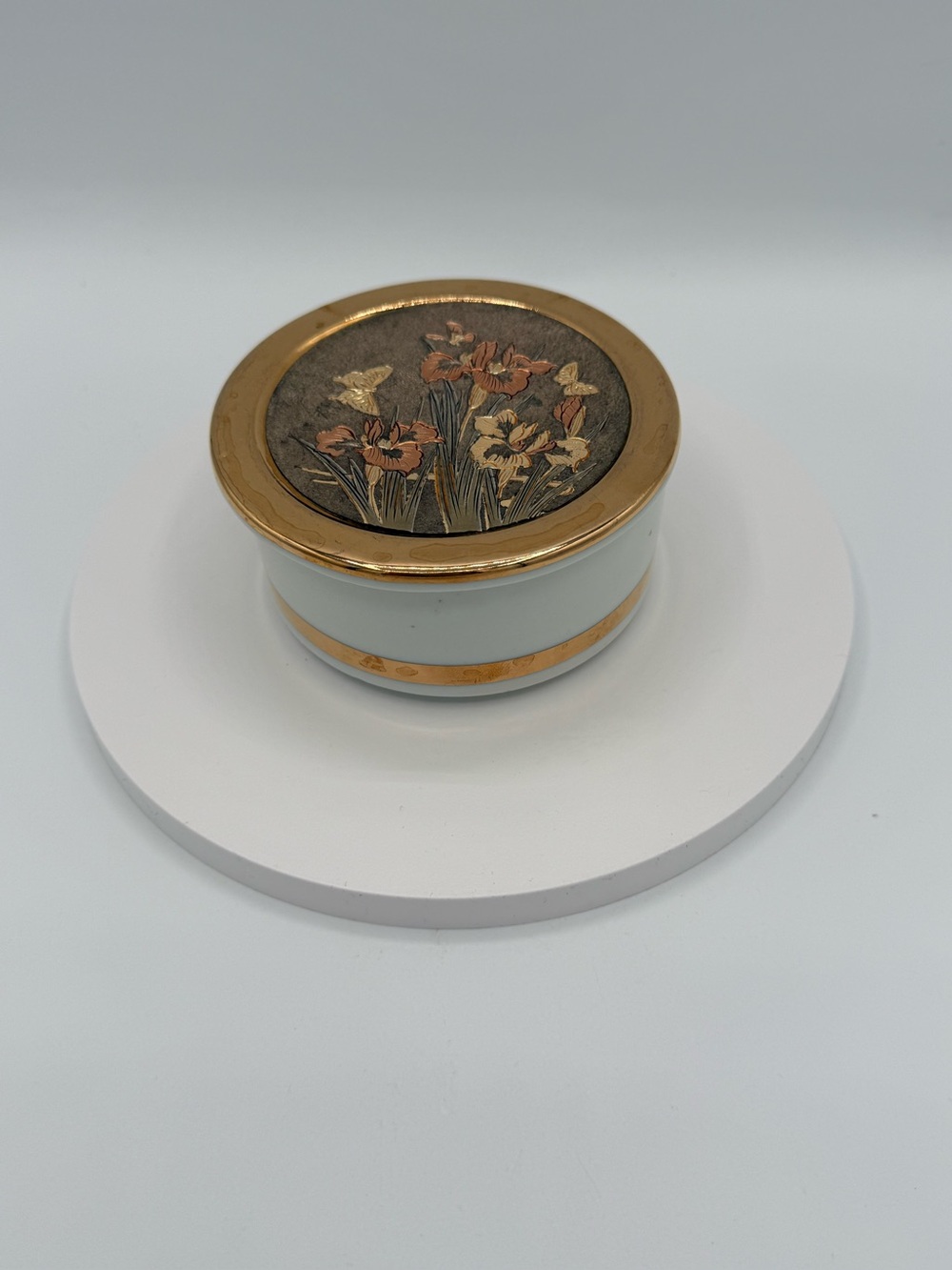 Chokin Floral Round Trinket Box with 24kt Gold Trim
